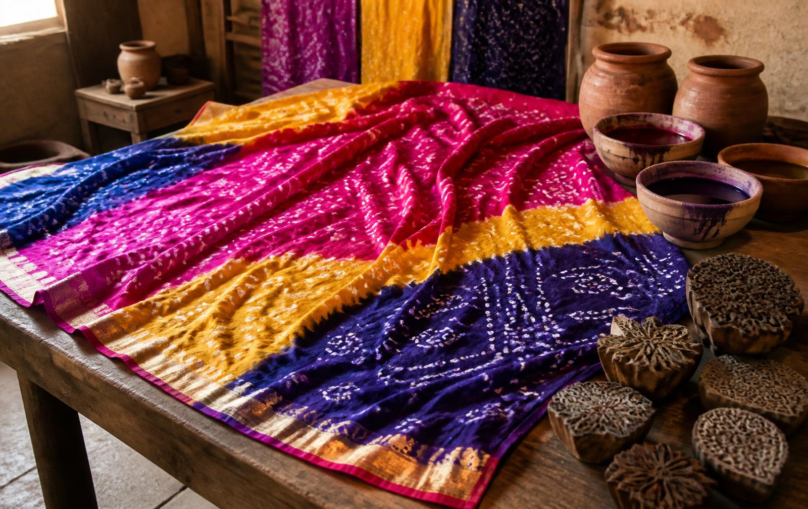 Finished multicolor Bandhani silk saree in a Kutch workshop